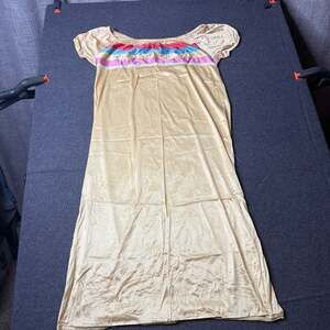 Vintage 70s ILGWU Champagne Gold Nylon Maxi Nightgown with Rainbow Stripes